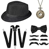 20er Jahre Herren Accessoires - 1920s Gatsby Mafia Gangster Kostüm Set Inklusive Panama Hut Elastisch Hosenträger Halsschleife Schnurrbart und T