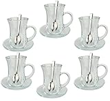 Orginal türkisches Tee Set Teeset 'KULP'/ 6 klassische Gläser mit Henkel von Pasabahce/ 6 Rührlöffel (Marke PROUD)/ 6 U