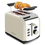 Morpilot 2 Scheiben Toaster Edelstahl Toaster mit Brötchenaufsatz, Breite Schlitze, Led Anzeige, Krümelschublade 800W Toaster Beige Creme Retro Vintage für Toast Brötchen B