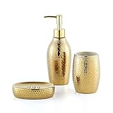 Creativefine Seifenspender Set Gold, 3-TLG Badzubehör Set aus Keramik, Seifenschale und Luxuriöses Zahnputzbecher Set für Badezimmer & Gäste-WC