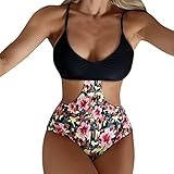 ZIXIA Badeanzug Damen Bauchweg Bikini Damen High Waist XXL Damen Bikini Bademode Einteiliger Badeanzug Blumendruck Sexy Print Gefüllter BH Bademode Bademode rot S