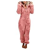 Fomino Damen Jumpsuit Teddy Fleece Einteiler Plüsch Overall Lang Pyjama Bequemer Hausanzug Schlafanzug Flauschig und Warm Loungewear Overall Warm Erwachsene Plüsch Pyjama (Rosa, 4XL)
