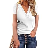 DOMBX Damen Kurzarm tiefer V-Ausschnitt Geknöpft Gerippt Schlanke Passform T-Shirts Tops Bluse für den Sommer Frauen Mode Sexy Übergröße Einfarbig Baumwolle Leinen Elegantes Basic Bequem Crop H