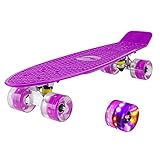 hausmelo Skateboard Mini Cruiser Retro Board Komplettboard für Anfänger Kinder Jugendliche und Erwachsene, 22 Zoll Komplett Board 57x16cm mit ABEC-7 Kugellager, LED PU Leuchtrollen, T-Tool (Violett)