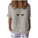Masrin Damen Tops Lässig Kurzarm Honeybee Bedrucktes T-Shirt V-Ausschnitt Baumwolle Leinen Lose Tunika Bluse (XXXL,Grau)