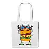 Tasche Umhängetasche HAMBURGER CHEESEBURGER FAST FOOD MIT KOPFHÖRER UND BRILLE TECHNO JAZZ FUNKY SOUL TRANCE FESTIVAL HOUSE HIPHOP HIP HOP DJ Einkaufstasche Schulbeutel Turnbeutel in Weiß