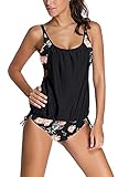 Aleumdr Tankini Set Damen Badeanzug Bauchweg Frau Bademode Badeanzüge Tankini Set mit Dreieck Unterhosen Badebekleidung Zweiteiliger Push up UV Schutz Schwarz L