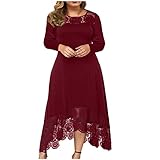 WENZHOU Frauen Plus Size Casual Solid Lace Rundhalskleid Langarm Unregelmäßige Spitzennähte Langes Kleid Formales Kleid Damen Abendkleid A-Linie Lange Ärmel Spitze Chiffon Rundkragen Hohe T