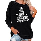 yiouyisheng Lockeres Oberteil Damen Weihnachtsdruck Rundhals Langarm Sweatshirt T-Shirt Top Frauen Casual Christmas Bluse T-Shirt Tops We Wish You A Merry Christmas Weihnachtsbaum Druck