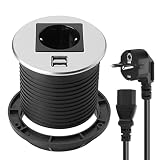 Einbausteckdose mit USB, Dinolink Schreibtisch Steckdose mit 1 Schuko, 80mm Geschnittenes Loch Tischsteckdose 2M Kabellänge Anschließen für Zuhause Bü
