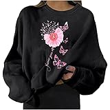 Wave166 Damen Sweatshirts Kampagne zur Sensibilisierung für Brustkrebs Pink Ribbon Gedruckte t-Shirt Beschriftung drucken Langarm Rundhals Unifarben Mode Lässig