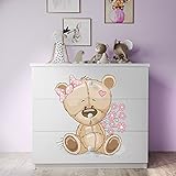 Bjird Kommode für Kinder, Kinderkommode für Mädchen und Junge - Weiße Spanplatten – Sideboard mit 3 Schubladen, 80x80x41 cm, Weiß - Teddybär mit B