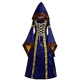 BUKINIE Damen Renaissance Mittelalter Kostüm Kleid Schnüren Irisch über Lange Kapuze Kleider Halloween Party Hexe Rollenspiel Cosplay Retro Kleid, blau, M