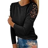 Pullover Tunika Hemd Damenmode Solide Spitze Splice Langarm Rundhals Bluse Tops (S,1schwarz)