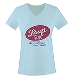 Comedy Shirts - Läuft bei Mir rückwärts und bergab Aber läuft. - Damen V-Neck T-Shirt - Hellblau/Lila-Fuchsia Gr. XXL