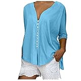 NILIHAI Damen Langarmshirt Spitzenhemd Tops Lose Spitze Kurze Ärmel Sommerbluse Tuniken Elegant Basic Tshirt Longshirt V-Ausschnitt mit Knopfleiste Einfarbig Bluse Sweatshirt (Hellblau, XXL)
