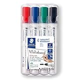 STAEDTLER Lumocolor 351 WP4 Whiteboard-Marker (Rundspitze ca. 2 mm Linienbreite, Set mit 4 Farben, hohe Qualität, trocken und rückstandsfrei abwischbar von Whiteboards)