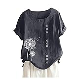 Sommer Tunika Damen V Ausschnitt Rüschen Trim Oversized 3/4 Ärmel Bluse Damen Tunika Spitze Tshirt Damen mit Button Down Locker Einfarbig Plissiert Basic Hemdbluse Kurzarmshirt Tee Tops Shirt D