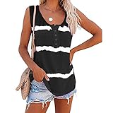 Damen Lockeres Tank-Top Ärmellose Sommer Tunika Lose Sport Tanktop Gestreift Weste T-Shirt Elegant Bluse Tunika Trägershirt mit Knopf Casual Breite Träger Tanks für Frauen Teenager M