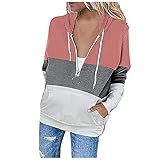 Ackssi Sweatjacke Damen Sweatshirt Herbst Winter mit Kapuze College Jacke Strickjacke Damen Lose Patchwork Zipper Sweatshirt Langarm Pullover Taschenb