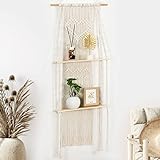 Lewondr Wandbehang Regal, 2 Tier Makramee Schweberegal Boho Wanddeko Holz Wandregal mit Gewebte Quaste Handgefertigte Tapisserie Hängeregal für Pflanzen Wandorganizer Wohnzimmer Schlafzimmer, Beig