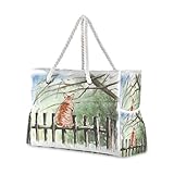 Mnsruu Strandtasche XXL Katze auf Holz Zaun Schulter Strand Tote Baumwolle Seil Griffe Reise Tote Tasche für F