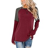 Damen Oberteile,Hevoiok Mode Sexy Freizeit Winter Herbst Sweatshirt Hemdbluse Patchwork Tunika Langarm Bluse Tops T-Shirt (Weinrot, M)
