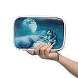Linomo Multifunktional Federmäppchen Winter Wolf Mond Reißverschluss Leder Passhülle Bleistift Beutel Klein Kosmetiktasche Makeup Tasche für Mädchen Teenager Jung