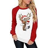 Weihnachten Pullover Damen Langarm Weihnachtspullover Sweatshirt Langarm top Rentier Elfe Drucken Christmas Top T-Shirt Kapuzen Oberteil Weihnachtspulli Loose Longpullover (rot-1, XXL)