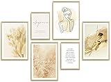 ARTFAVES® Poster Set - BEIGE ELEGANCE | Wanddeko Wohnzimmer & Schlafzimmer | 6 moderne Wandbilder | Bilder Pampasgras, line art, gold | ohne B