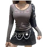 XUNN Damen Y2K Langarm Crop Top Sexy Graphic Print Shirt Strass Slim Fit Bluse Tops Mode Slim Printed Hot Strass V-Ausschnitt Langarm T-Shirt Frauen S