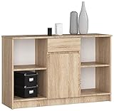 ADGO B-17 CLP Kommode mit 1 Schublade, 1 Schrank, 4 Einlegeböden 120x77x40cm, Klassischer Schrank mit Regalen für Schlafzimmer, Flur, Tief Freistehend Platzsparend (Versand in 2 Packs) (Sonoma)