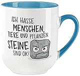 vanVerden Curved Tasse mit Spruch - Ich hasse Menschen,Tiere und Pflanzen. Steine sind OK! - beidseitig Bedruckt - Geschenk Idee Kaffeetasse, Tassenfarbe:Weiß/B