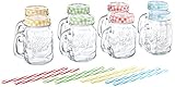 Relaxdays, bunt Trinkgläser mit Strohhalm, 8er Set, 400 ml, Gastro, Deckelgläser mit Henkel, Ice Cold Drink Gläserset, Glas, 8 Stück (1er Pack), 8
