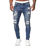 Yikesnt Herren-Jeans, Bleistifthose, mittlere Taille, gerade, kein Stretch, ungesäumte Kanten, Trendige Löcher, Distressed, bequem, lässig, vielseitig, gutaussehend M