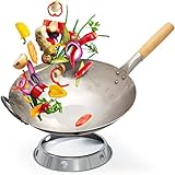 Flavemotion Wokpfanne + Wokring für Induktion, E-Herd (Flacher Boden, 36 cm groß) handgehämmerter Wok aus kratzfestem Karbonstahl mit Holzgriff inkl. Wokring zum Ab