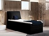 Meblito Pinet Mini Boxspringbett mit Bonellfederkern-Matratze H3 und Topper, Einzelbett mit Bettkasten (Links- oder Rechtsseitig), Gepolsterter Kopfteil, 90 cm x 200 x 47