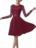 ZANZEA Damen Spitze Langarm Abendkleid Hohe Taille A-Line Kurz Cocktail Ballkleider 07-weinrot 38