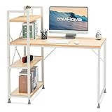 COMHOMA Schreibtisch mit 4-stöckigem Regal, Computertisch mit großer Arbeitsflätche, perfekt für Heimbüro, Stahlrohrrahmen, 119.99 x 59.99 x 117.5 cm（Beige）