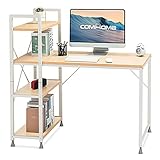 COMHOMA Schreibtisch mit 4-stöckigem Regal, Computertisch mit großer Arbeitsflätche, perfekt für Heimbüro, Stahlrohrrahmen, 119.99 x 59.99 x 117.5 cm（Beige）