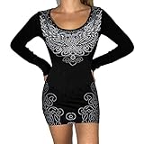 Frauen Casual Langarm Minikleid Vintage Grafikdruck Rundhals Pullover Kurz Mini T-Shirt Kleid, Schwarz , S