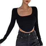NINALUNA Damen-Pullover, dehnbar, quadratischer Ausschnitt, unregelmäßiger Saum, einfarbig, langärmelig, bauchfrei, eng anliegend, modisches T-Shirt, Schwarz , S