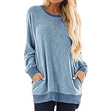 SALEBLOUSE Damen Basic Langarm Tunika Tops Loose Fit Patchwork Rundhals Bluse Pullover mit Taschen Frauen Übergröße Comfort Herbst Sweatshirt Pullover Einfarbig Fashion Shirts Oberbekleidung B