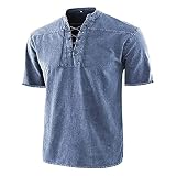 JIOJIO Gothic Hemden für Herren, Vintage Kurzärmliges literarisches T-Shirt V-Ausschnitt Schnürkrawatte Kurzarm Oberteil Shirts Männer Stretch Pullover Freizeitshirt Outdoor Casual Atmungsaktiv B