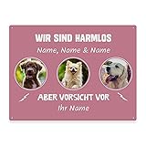 Hunde Schild personalisiert - Ich Bin harmlos, Aber Vorsicht vor - Metallschild mit Foto und Name für außen, wetterfestes Türschild für Hundebesitzer - DIN A5-21 x 15 cm, DREI Tiere,