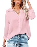 NONSAR Damen Bluse V-Ausschnitt Hemden Elegant Langarm Casual Arbeit Oberteile mit Knöpfen Tops Langarmshirt (L, Rosa)