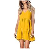 Adamoka Ärmelloses Swing Laterne fließendes Mode Kleid Shift Solid V-Ausschnitt Lose Frauen Kleid Party Damen Kleid (Gelb, M)