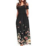 Damen Sommerkleid A-Linie Hohe Taille Maxikleid Damen Elegant Bodenlänge Lang Kleid, O-Ausschnitt Kurzarm Aushöhlen Freizeit Strandkleid Lose Saum Plissee Kleid Frauen Abendkleid Partyk