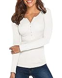 Damen Shirt Langarm V-Ausschnitt Basic Oberteile Button Casual Pullover Einfarbig Lang
