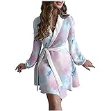 Damen Bademantel Morgenmantel Tie Dye/Sternenklarer Himmel/Blumenmuster Bathrobe mit V Ausschnitt Kurz Nachtwäsche Kimono Langarm Revers Pyjama Frauen S